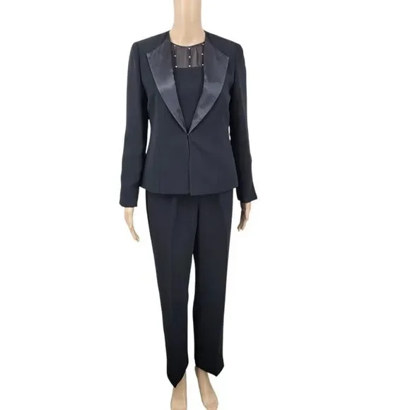 Jessica Howard Black Satin Trim Blazer Pantsuit 3 Piece Blousr Pants Jacket - Picture 2 of 16